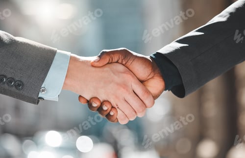Preview: Handshake, partnership and business people outdoor with agreement, closeup of collaboration and con