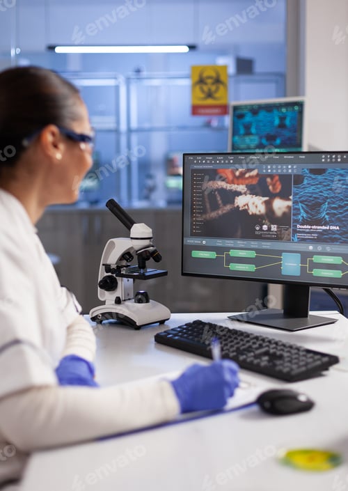 Preview: Specialist doctor analyzing virus expertise writing on clipboard