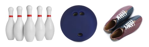 Preview: Bowling shoes, pins and ball isolated on white, set