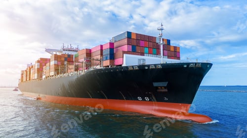Preview: Aerial side view of cargo ship carrying container and running for export cargo yard port