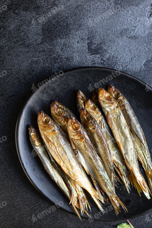 Preview: Sardines Sprats Smoked Or Salted Fish Seafood Meal On The Table Tasty Serving Size Portion Top View