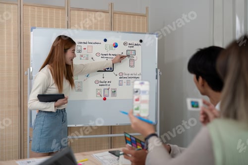 Preview: ux developer and ui designer presenting mobile app interface design on whiteboard in meeting at