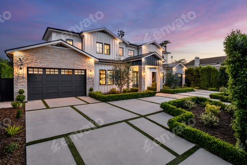 Preview: an outdoor front yard area with a path between two houses