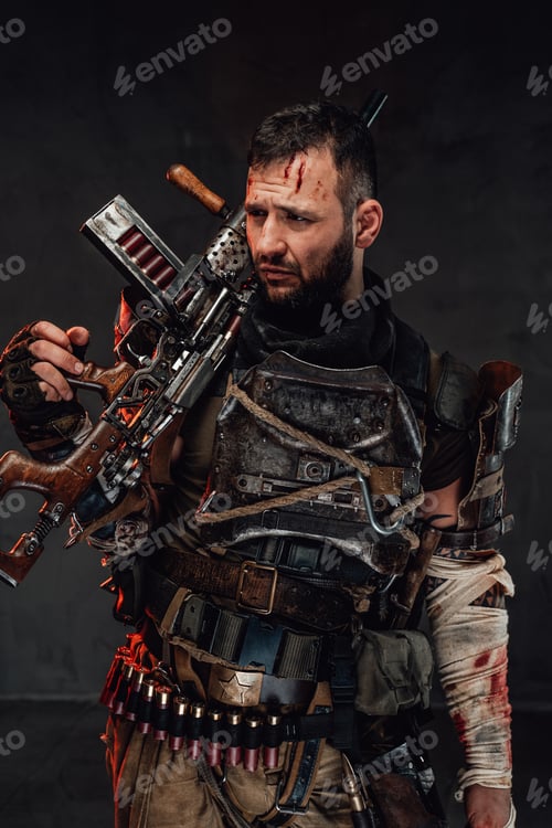 Preview: Apocalyptic suvivor holding shotgun in dark background