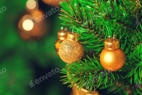 Preview: Decorated Christmas tree closeup.