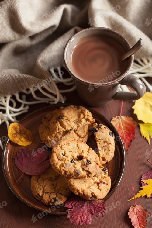 Preview: hot chocolate warming drink cozy autumn leaves cookies
