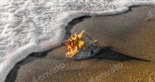 Preview: Closeup shot of a seashell on the sand next to foamy ocean waves