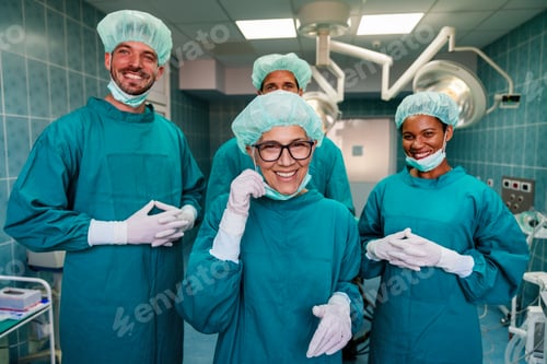 Preview: Portrait of successful team of surgeon standing in operating room, ready to work