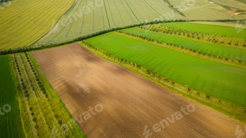 Preview: Rural drone aerial view landscape of farm fields and rolling hills in South Moravia, Czech Republic