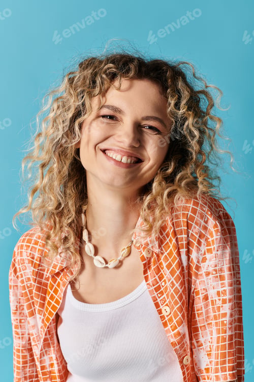 Preview: Enigmatic Smile: Woman With Curly Hair on Blue