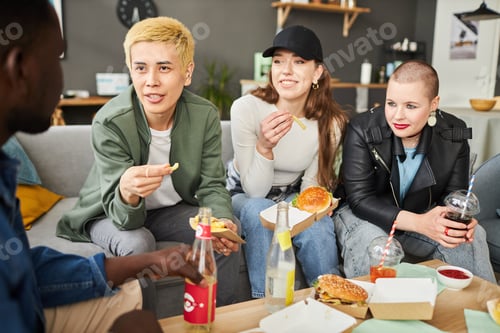 Preview: Friends at Home Party with Fast Food