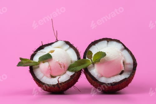 Preview: Vanilla ice cream balls in fresh coconut halves decorated with mint leaves on a pink background