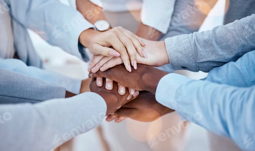 Preview: Business people, hands stack and solidarity for collaboration, team building or trust. Teamwork, hu