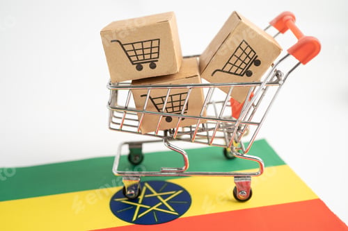 Preview: Box with shopping cart logo and Ethiopia flag, Import Export Shopping online or eCommerce finance