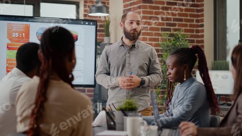 Preview: Close up of worker presenting business strategy on display