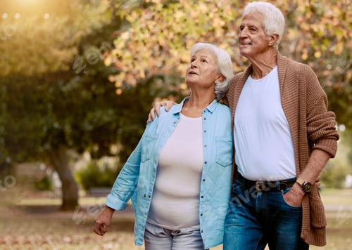 Preview: Senior couple walking in park for retirement, love and care together to enjoy quality time, marriag