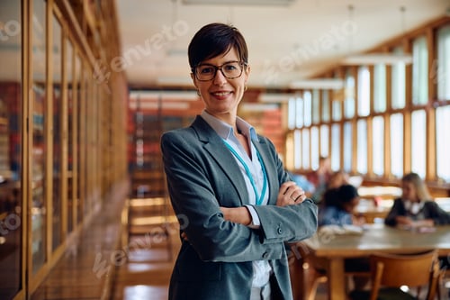 Preview: Confident female professor in the classroom looking at camera.