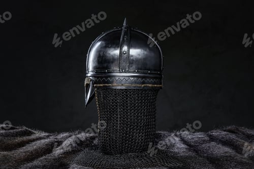 Preview: Back view studio shot of medieval iron helmet