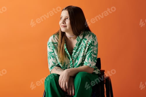 Preview: Vibrant woman in wheelchair smiles against orange background