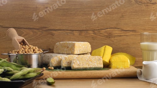 Preview: Soy Product: Raw Tofu, Tempeh, Soy Milk, Soy Sauce, and Soy Bean. Concept of Healthy Vegetarian Food