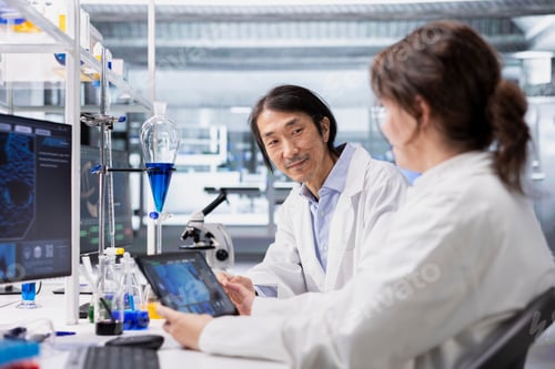 Preview: Smiling laboratory scientists using tablet app to process DNA patient data