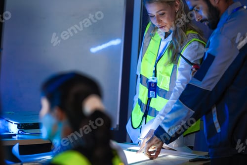 Preview: A happy, diverse team of engineers in safety vests collaborates at night.