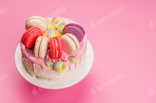 Preview: A beautifully decorated cake adorned with colorful macarons