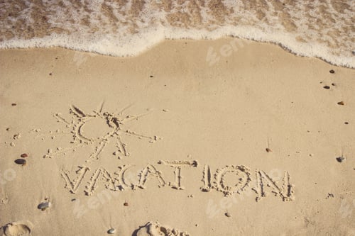Preview: Inscription vacation with shape of sun and incoming sea wave on sand at beach. Summer time