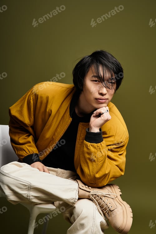 Preview: Stylish young man poses confidently in modern studio with creative flair