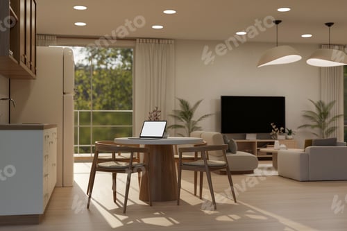 Preview: Beautiful contemporary spacious living room with kitchen interior, laptop mockup on dining table