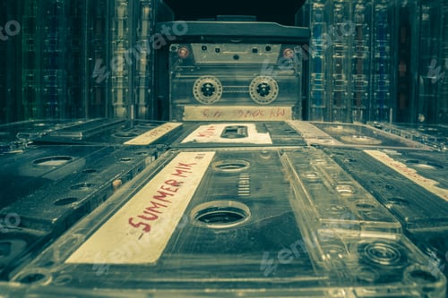 Preview: Spinning audio cassette in old player. Old plastic cassette tapes.