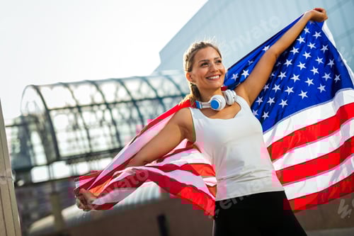 Preview: Portrait of beautiful young fit woman with USA flag. Sport people success healthy lifestyle concept