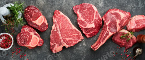 Preview: Raw prime steaks. Variety of fresh black angus prime meat steaks T-bone, New York, Ribeye, Striploin