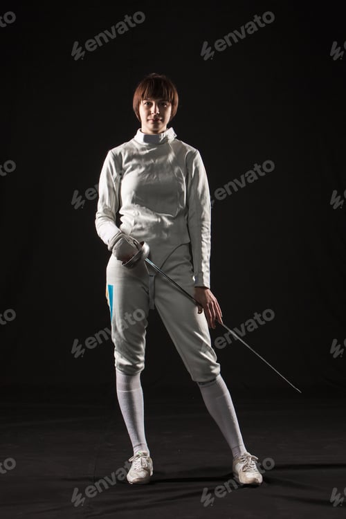 Preview: The portrait of woman wearing white fencing costume on black