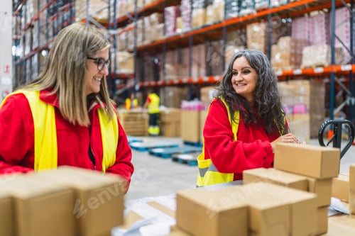Preview: Senior Female warehouse workers organizing cardboard boxes on assembly line