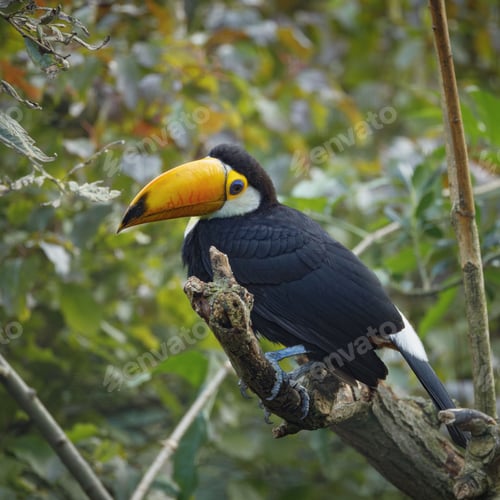 Preview: Vibrant toucan perched on a tree branch in a lush tropical forest