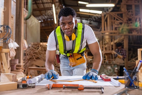 Preview: Carpenter drafting blueprint with measuring tools