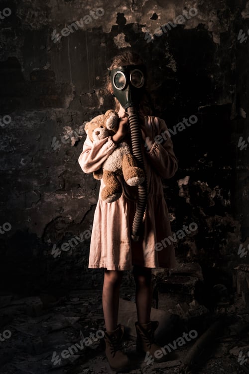 Preview: kid in gas mask standing and holding teddy bear, post apocalyptic concept