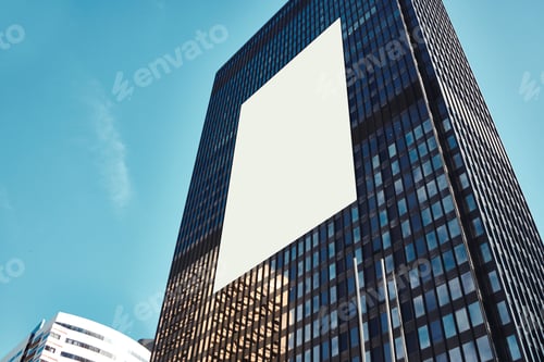 Preview: City building, mockup space and billboard, commercial product or logo design advertising. Empty pos