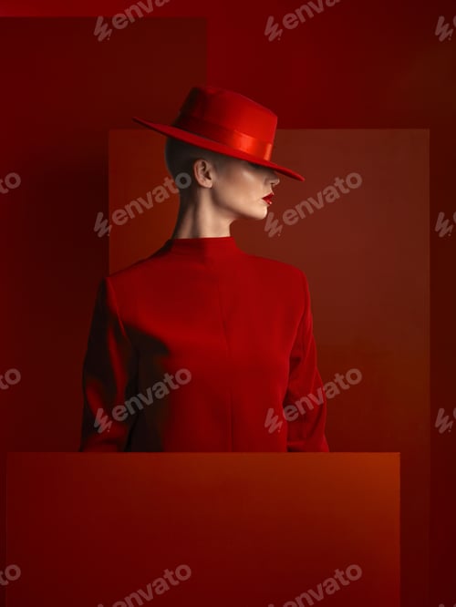 Preview: Profile, fashion and mockup with a woman on a red background in studio for marketing, advertising o