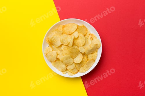 Preview: Potato chips on bowl isolated on colored background. Delicious crispy potato chips