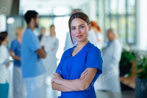 Preview: Portrait of young woman doctor at hospital corridor.