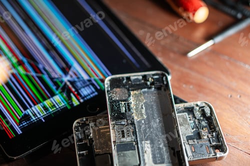 Preview: Broken smartphone and tablet with damaged screens