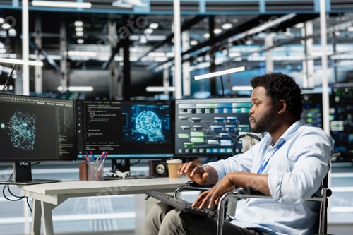 Preview: Data center engineer with disability in wheelchair using AI visualization tool