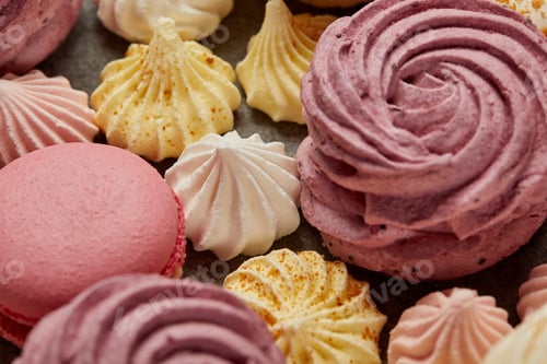 Preview: Small sweet meringues with pink soft zephyr and pink french macaroons