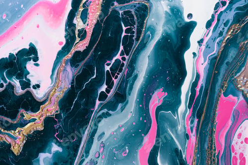 Preview: Pink neon bubbles and golden wave on aquamarine swirls background. Fluid Art. Marble effect