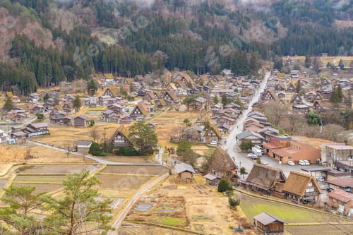 Preview: Cottage houses in Shirakawago village in summer season, Gifu, Japan.
