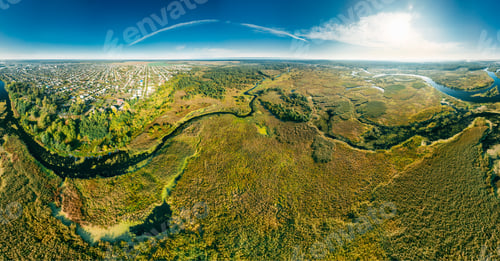Preview: Aerial View Green Forest Woods And River Landscape
