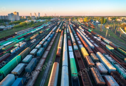 Preview: Aerial view of freight trains on railway station at sunset
