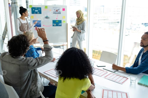 Preview: Rear view of Caucasian businessman raising hand in presentation during meeting in a modern office
